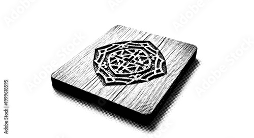 A wooden board with a geometric sigil carved deeply and casting subtle shadow, off-center composition with negative space, black and white halftone
