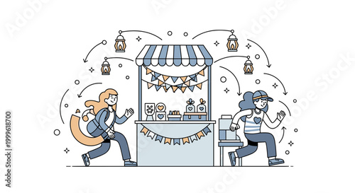 Summer craft fair and outdoor market decorations. A central stall is decorated with colorful bunting, handmade items, and a striped canopy, with small lanterns