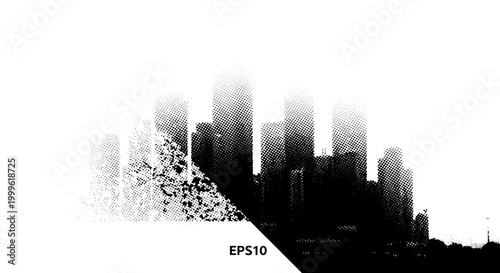 A cluster of skyscraper silhouettes dissolving into dense fog, slightly tilted and partially cropped, monochrome halftone illustration, dense dot shading,
