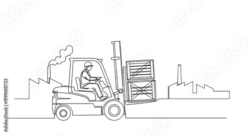 "Material Handling". Minimalistic one-line drawing worker operating forklift carrying crates at industrial site, continuous single black line on