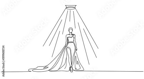 "Runway Spotlight". Minimalistic one-line drawing model under overhead lights with long dramatic garment trailing behind, continuous single black line on white