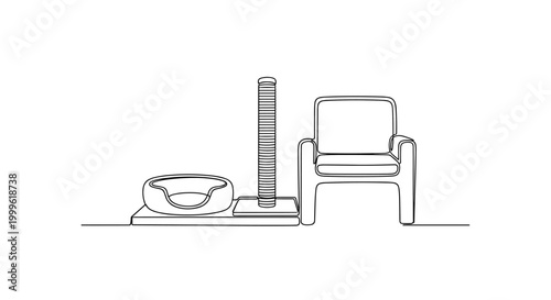 "Small Home Design". Minimalistic one-line drawing integrated pet bed, scratching post, and human seating in tidy layout, continuous single black line on white