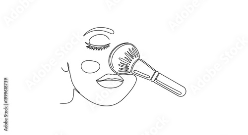 "Makeup Blending Technique". Minimalistic one-line drawing brush or sponge applying foundation evenly across cheek area, continuous single black line on white