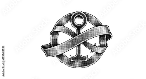 A velvet ribbon arranged into a simple circular occult mark, off-center composition with negative space, black and white halftone illustration, dot pattern