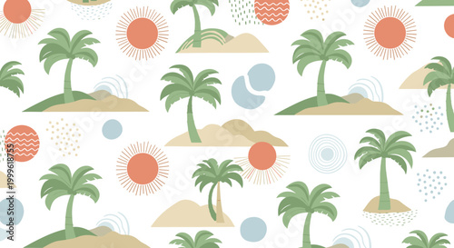 Island scenery with palms and suns, seamless pattern, repeating pattern, surface design, textile print, soft color palette, modern illustration, no shadows,