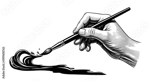 A hand holding a wet brush creating a flowing ink wash mid-motion, tightly framed and symbolic, monochrome halftone illustration, visible print dots, editorial