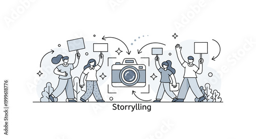 Activism storytelling. A central camera frames a scene of people holding signs and raising hands, with arrows indicating captured perspectives. Small stars and
