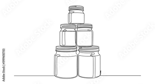 "Eco Kitchen Storage". Minimalistic one-line drawing metal containers stacked neatly with lids, continuous single black line on white background, simple