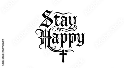 Stay Happy. lettering and all elements in black. Vector style. White background. Pure white background. Perfect isolation and visual consistency.