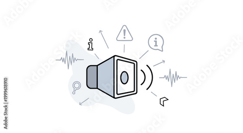 Public service announcements. A central speaker or screen broadcasts a clear message while simple icons like alerts and information symbols radiate outward.