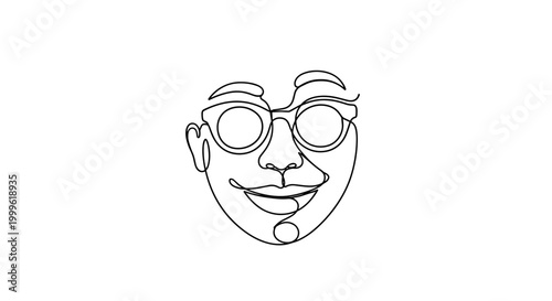 "Creative Joke Illustration". Minimalistic one-line drawing abstract smiling face with exaggerated gestures or props suggesting humor, continuous single black