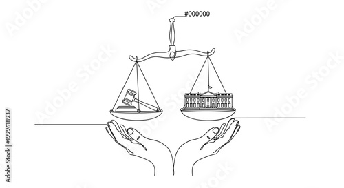 "Political Balance". Minimalistic one-line drawing hands holding scales with symbolic elements of law and executive, continuous single black line on white