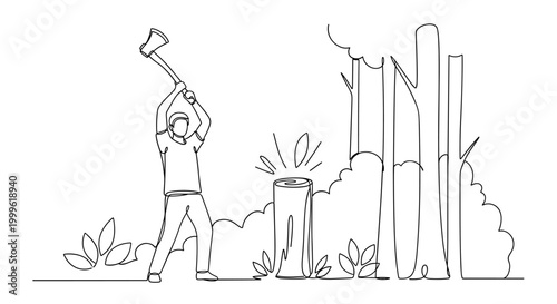 "Outdoor Chopping Scene". Minimalistic one-line drawing figure holding axe ready to strike log with forest background hints, continuous single black line on