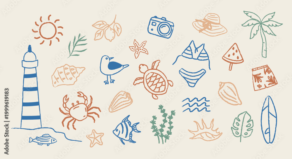 Obraz premium Hand drawn summer beach doodle set with linear colorful icons. Collection features lighthouse, sea animals, tropical leaves, shells, waves, camera, hat, swimwear. Cute coastal sketches for seasonal 