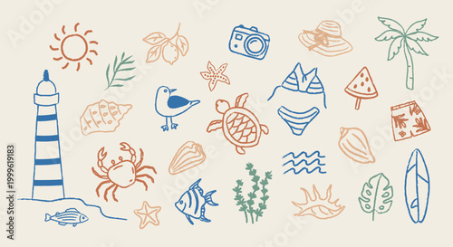 Hand drawn summer beach doodle set with linear colorful icons. Collection features lighthouse, sea animals, tropical leaves, shells, waves, camera, hat, swimwear. Cute coastal sketches for seasonal 