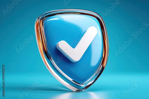 Blue glass shield with white checkmark symbol representing verification, security and protection for brands