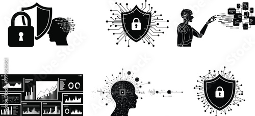 Cybersecurity concept illustration protecting digital assets with shields locks and anonymous figures