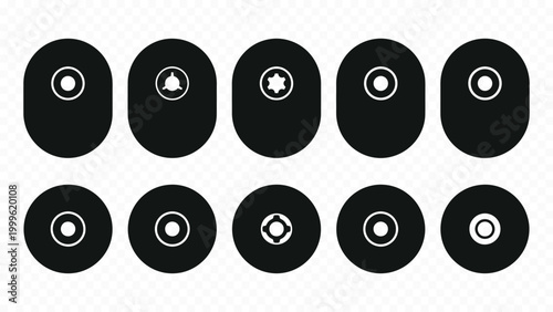 Retro music vinyl records and optical discs solid black icon set representing cd dvd media storage technology and audio entertainment
