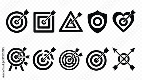 Archery target and business goal strategy solid black icon set featuring focus bullseye achievement and marketing objective elements
