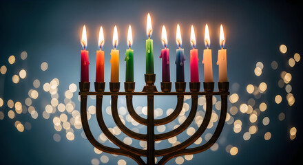 colorful lit hanukkah menorah with candles against dark bokeh background for holiday celebration