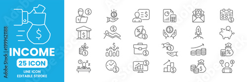 Income and Finance Business Icon Set with Editable Stroke Line Style