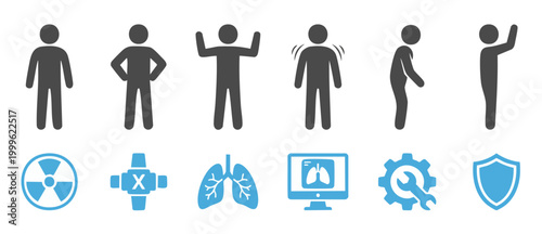 Human Body Poses and Medical Icons Set - Anatomy Movement and Healthcare Diagnostic Symbols for Infographic Design, Vector Collection of Pictograms Featuring Respiratory System and Safety Shield Signs