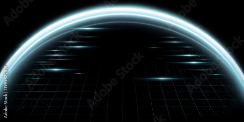 A glowing blue dome with a grid pattern on a black background with streaks of light