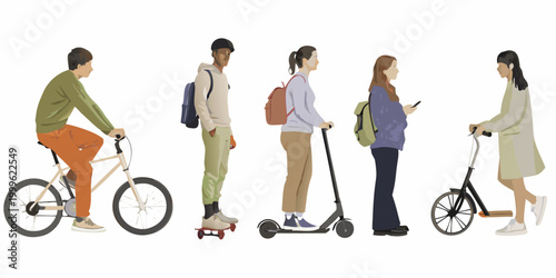 Five people with various modes of transport vector illustration