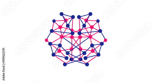 A complex network of interconnected nodes and lines in blue and pink.