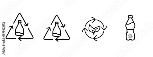 Recycle line icons set plastic bottle eco leaf water waste management environment protection garbage reuse & more vector illustration with editable stroke.