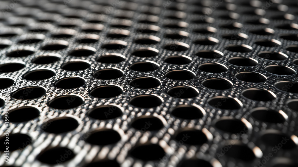 Obraz premium The macro shot showcases a textured metal sheet with uniform round perforations, creating a mesmerizing pattern of light and shadow across the surface detail.