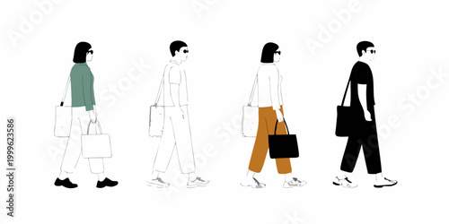 walking figures in casual outfits minimalist vector illustration