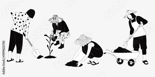 Gardening farmers silhouettes vector illustration of people working in garden
