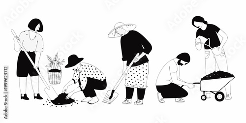 Gardening figures silhouettes vector illustration of people working in garden