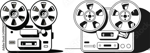 Reel-to-reel audio tape recorder black and white vector illustration recording equipment technology illustration broadcast playback collection