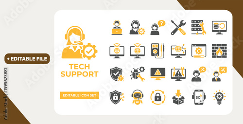 Tech Support Icon Set. Includes AI assistance, cybersecurity, 5G support, and system maintenance icons for web, apps, and technical presentations. Editable vector.