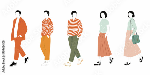 Flat color illustration of five people in fashionable outfits
