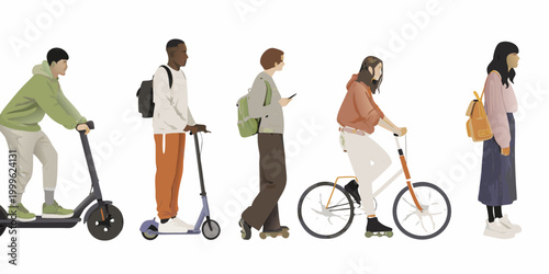 People commuting with various transportation flat vector illustration