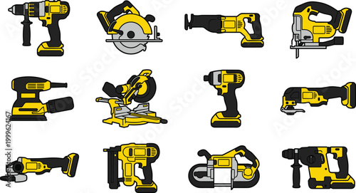 Tableau sur toile Yellow Power Tools Set Vector Illustration with Drill, Circular Saw, Jigsaw, Gri