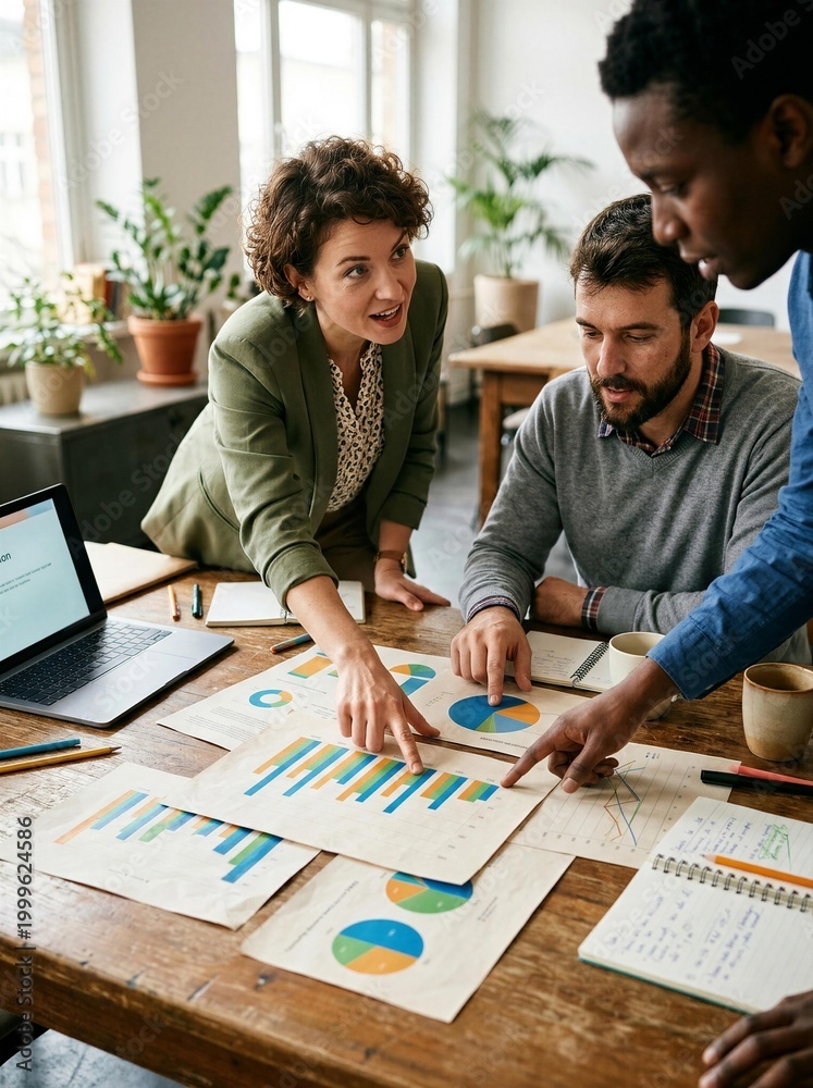 Fototapeta premium Three professionals collaborate analyzing colorful charts on rustic wooden table