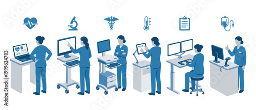 Medical Professionals Healthcare Icons Set with Doctors and Nurses Using Digital Technology and Computer Workstations in Hospital Environment, Isometric Flat Vector Illustration of Clinical Workflows.