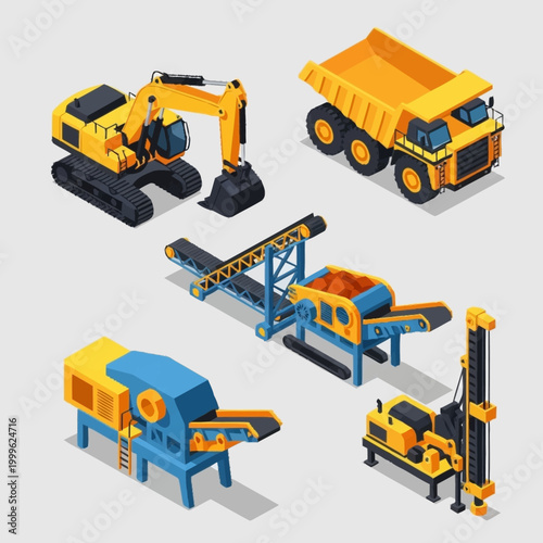 Construction heavy machinery industrial equipment isometric set.