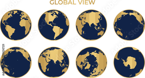 Set of Global Earth Views with Golden Continents on Dark Background Showing World Map Perspectives for Geography, International Business, and Travel Design