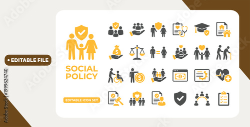 social policy icon set. Symbols for healthcare policy, equality, justice, disability support, and social insurance in modern flat blue style.