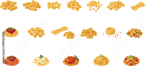 Vector illustration of pasta types and dishes in diverse shapes, cooked forms and plated styles in decorative design