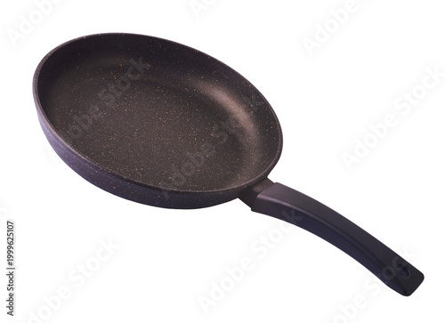 Levitating empty non-stick frying pan with a black handle isolated on a white background. Minimalist studio kitchen cookware concept.