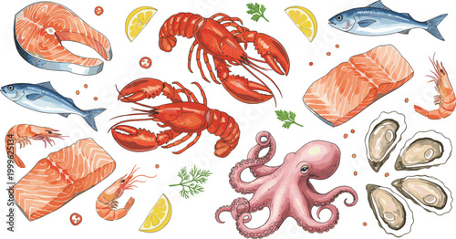 Vector illustration of seafood including lobsters, octopus, fish, shrimp, oysters and salmon with garnishes in decorative design