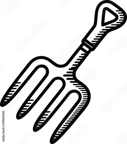 Simple black and white illustration of a garden fork with hand tool gardening agriculture equipment illustration cultivate maintenance