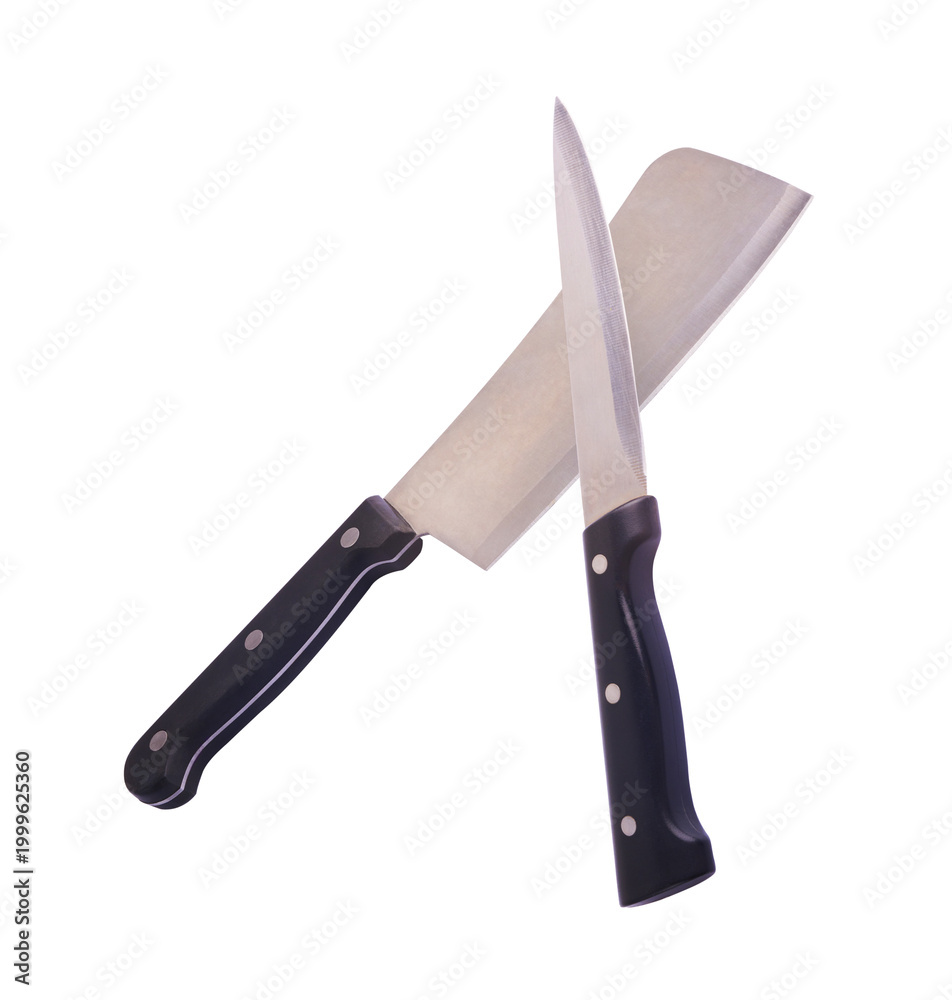 Fototapeta premium Levitating crossed heavy meat cleaver and utility knife with black handles isolated on a white background. Creative zero gravity concept.