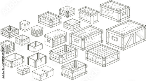 Vector illustration of wooden crates and boxes in different designs with textured details in decorative design